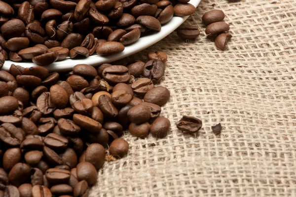 White Saucer Coffee Beans Sacking — Stock Photo, Image