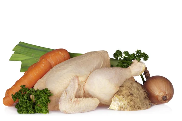 Kyckling Med Ingrediens För Kycklingsoppa Isolerad Vit Bakgrund — Stockfoto