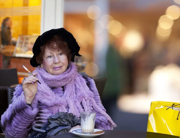 Cheerful Old Woman Drinking Coffee Smoking Restaurant — Stock Photo, Image