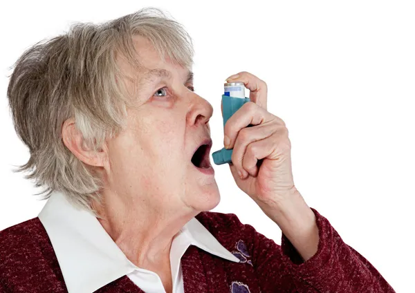 Senior Woman Asthma Inhaler Isolated White — Stock Photo, Image