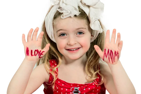 Five Year Old Prechooler Girl Hands Painted Love Mom — стоковое фото