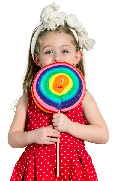 Close Little Girl Big Colorful Lollipop White Background — Stock Photo, Image