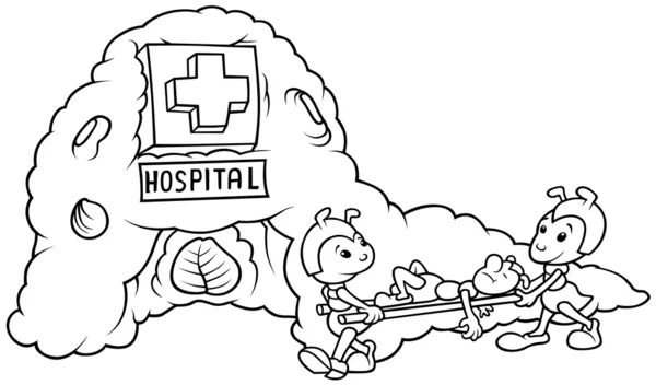 Ant Hospital Ilustrasi Kartun Hitam Dan Putih Vektor - Stok Vektor