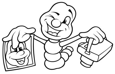 Worm Photographer - Black and White Cartoon illustration, Vector clipart