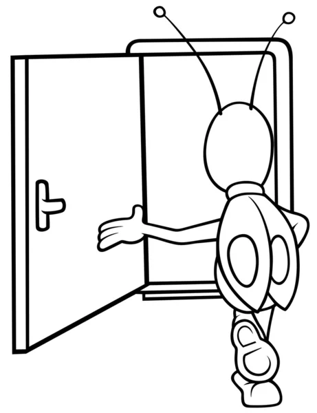 バグと開いているドア 黒と白の漫画イラスト ベクトル — ストックベクタ