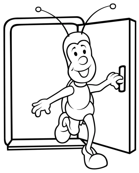 Bug 和打开的门 黑色和白色卡通插画 — 图库矢量图片