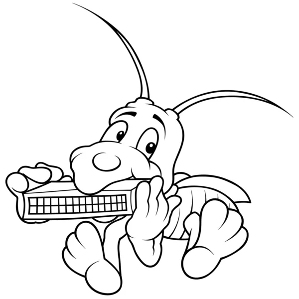 Grasshopper Harmonica Illustrazione Cartone Animato Bianco Nero Vettore — Vettoriale Stock