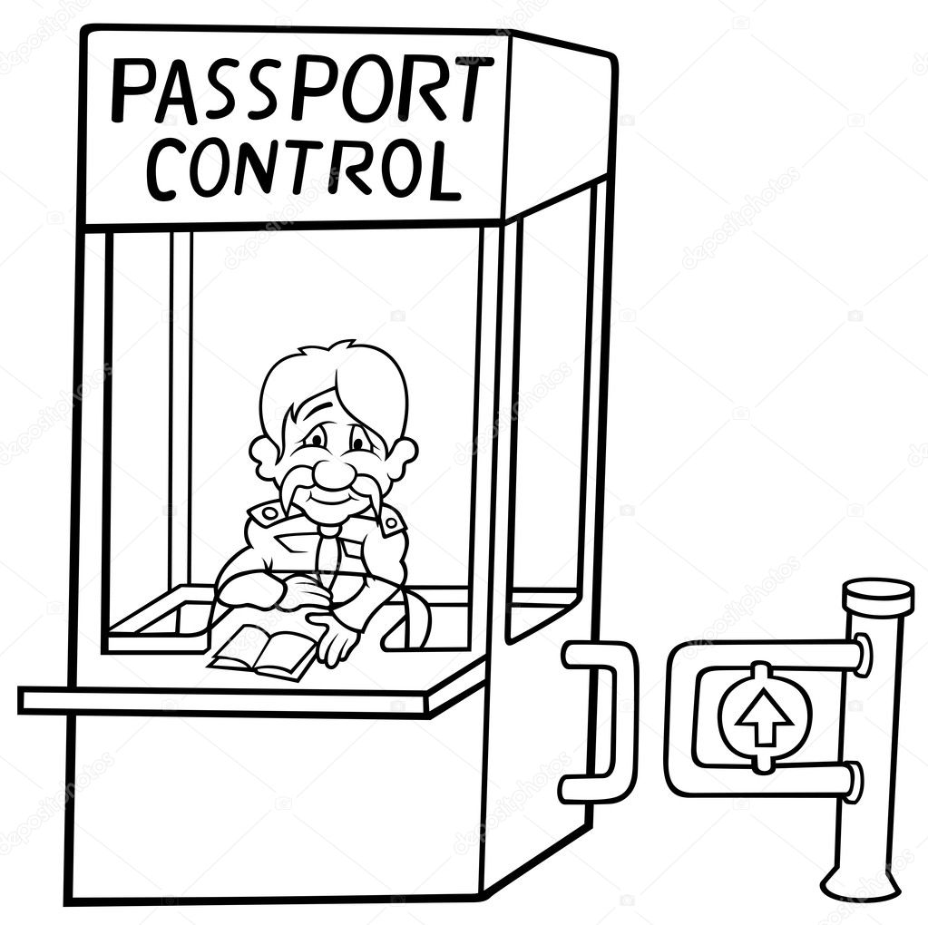 Passport Control - Black and White Cartoon illustration, Vector