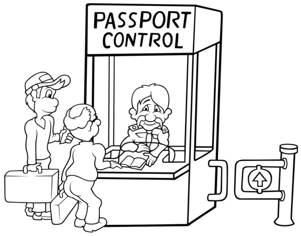 Passport Control Black White Cartoon Illustration Vector — Stock Vector