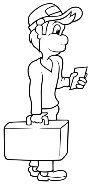 旅行箱 黑色和白色卡通插画 矢量的男孩 — 图库矢量图片