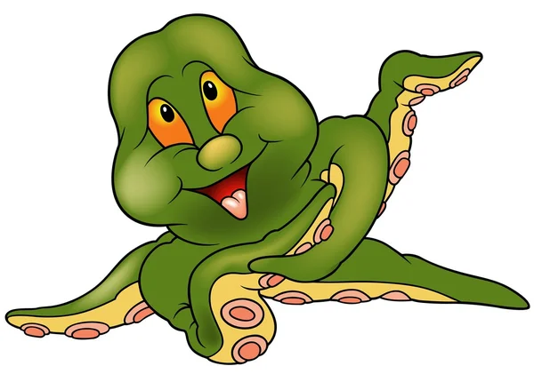 Green Cherful Octopus Colored Cartoon Illustration Vector — Stock Vector