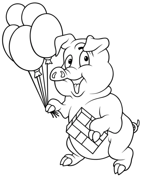 Standing Piglet Balloons Black White Cartoon Illustration Vector — Stock Vector