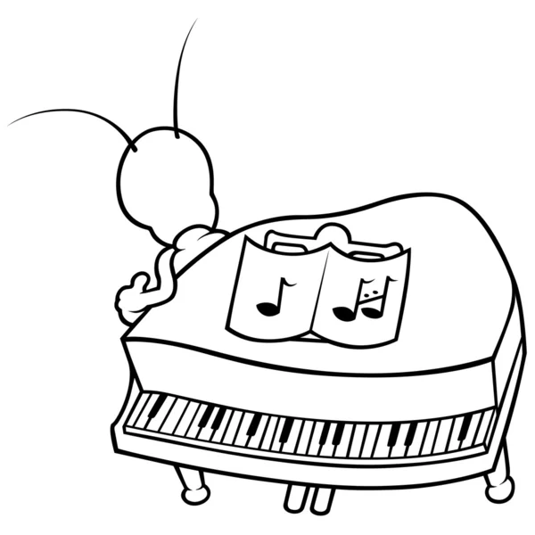Bug 和钢琴 黑色和白色卡通插画 — 图库矢量图片