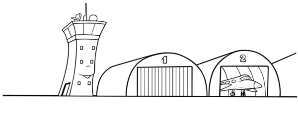 机场的飞机库 黑色和白色卡通插画 — 图库矢量图片