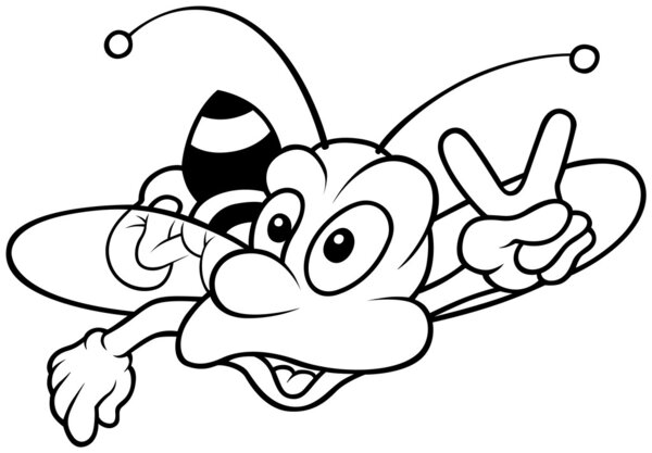 Wasp showing Victory - Black and White Cartoon illustration, Vector