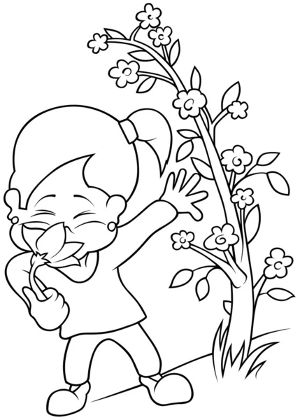 Girl Flower Black White Cartoon Illustration Vector — Stock Vector