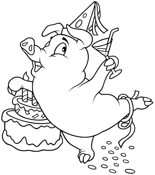 仔猪和生日 黑色和白色卡通插画 — 图库矢量图片