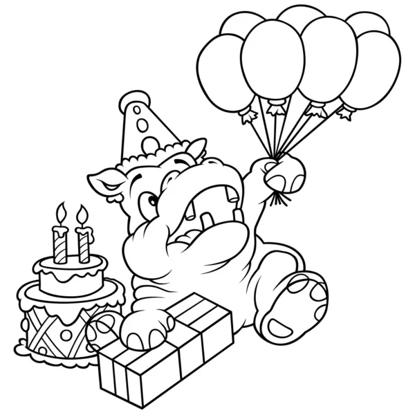 Hippo Balloons Black White Cartoon Illustration Vector — Stock Vector