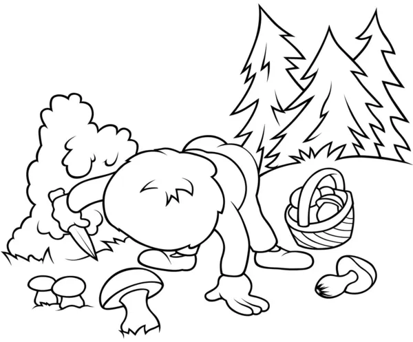 Boy Picking Mushrooms Black White Cartoon Illustration Vector — Stock Vector