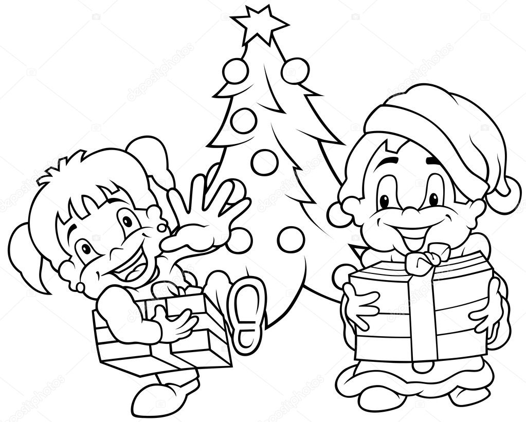 Children Christmas - Black and White Cartoon illustration, Vector