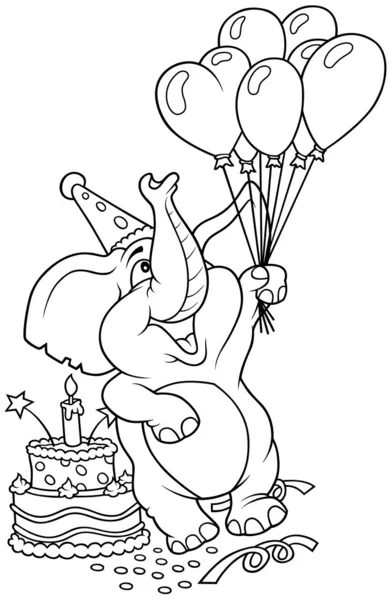 Elefant Und Alles Gute Zum Geburtstag Schwarz Weiße Cartoon Illustration — Stockvektor