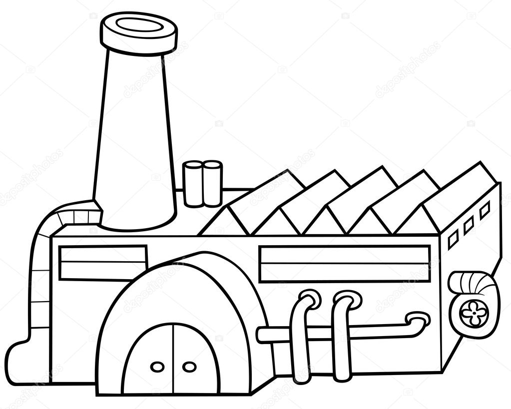 Factory - Black and White Cartoon illustration, Vector