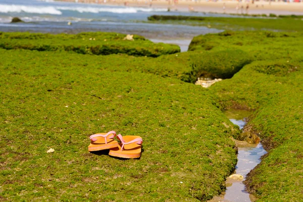 Νεκρή φύση στην παραλία στο πρωί με και flip flop — Φωτογραφία Αρχείου