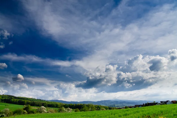 Jarní krajina - zelená pole, modrá obloha — Stock fotografie