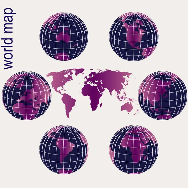 Ensemble de globes de la Terre violets et carte du monde — Photo
