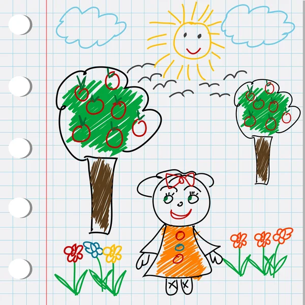Disegno cartoon doodle con griglia, fiori e alberi — Foto Stock