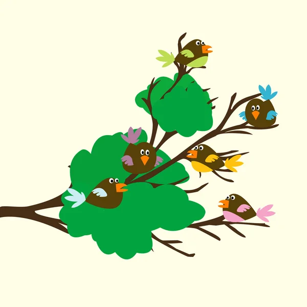Colored birds on a leafy branch — Stock Photo, Image