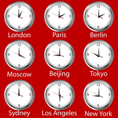 zaman dünyanın her yerinden gösteren saatler. Saat dilimi.