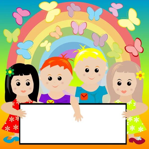 Niños felices con banner y fondo de arco iris —  Fotos de Stock