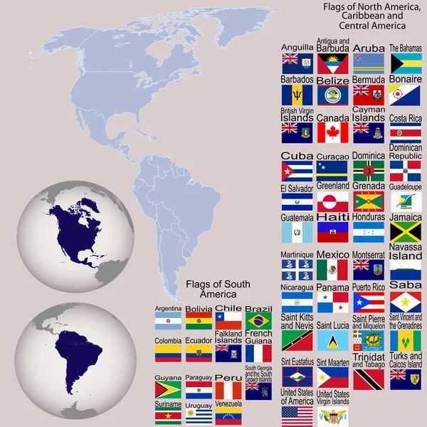 Mapa da América do Norte e do Sul com todas as bandeiras e globos terrestres — Fotografia de Stock