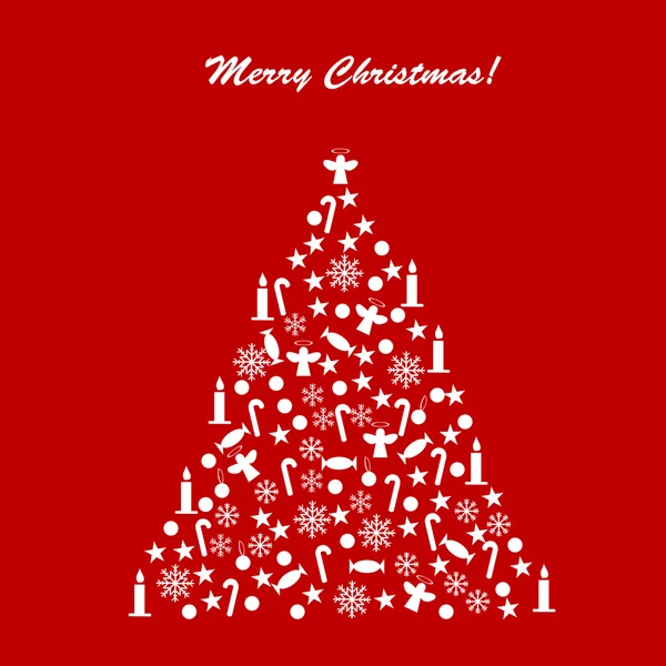 Karte mit geschmücktem Weihnachtsbaum auf rotem Hintergrund — Stockfoto