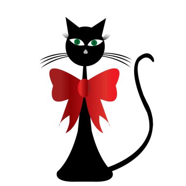 siyah kedi vwith kırmızı kurdele stilize edilmiş.