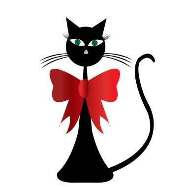 Black stylized cat vwith red ribbon clipart