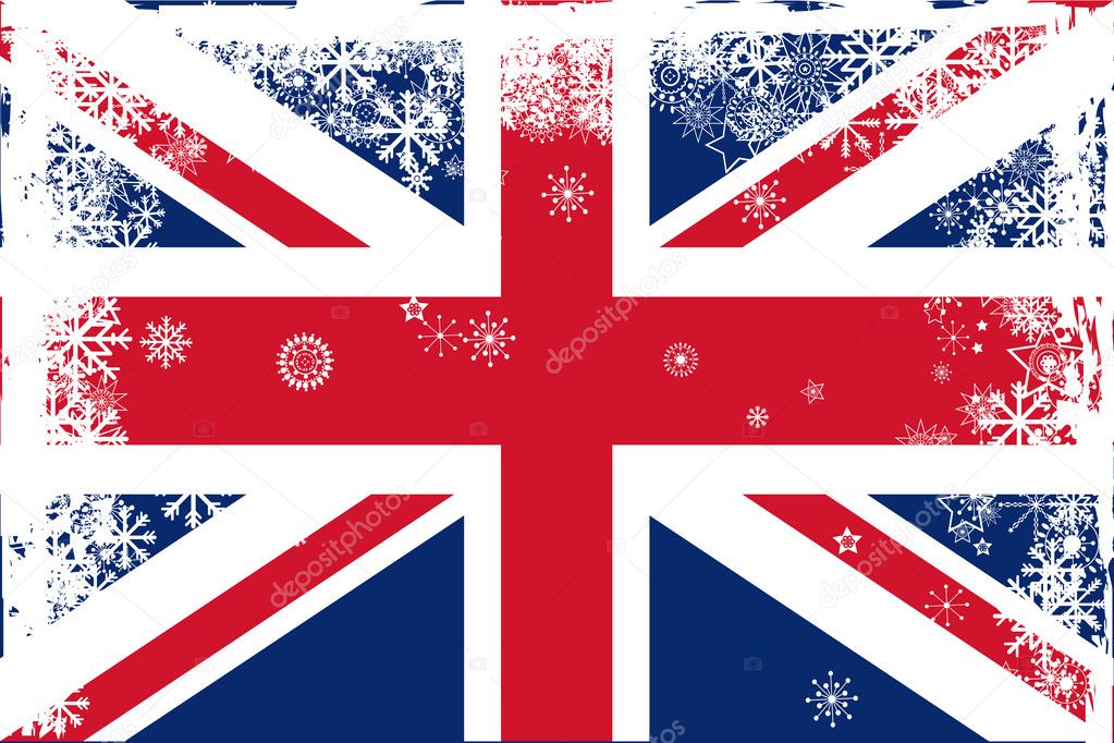 British Union Jack flag with snowflakes grunge