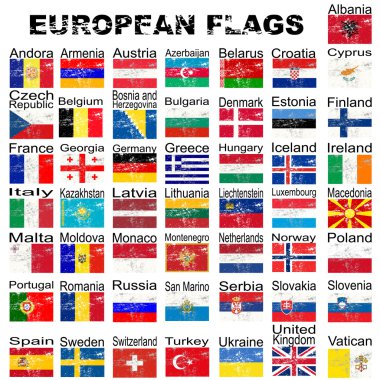 grunge Avrupa bayrakları, tam koleksiyonu kümesi
