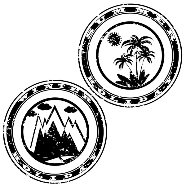 Grunge rubber stamp with mountain and palms for holiday — Stock Photo, Image