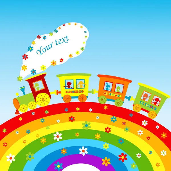 Illustrazione con treno dei cartoni animati, arcobaleno e posto per il tuo testo — Foto Stock