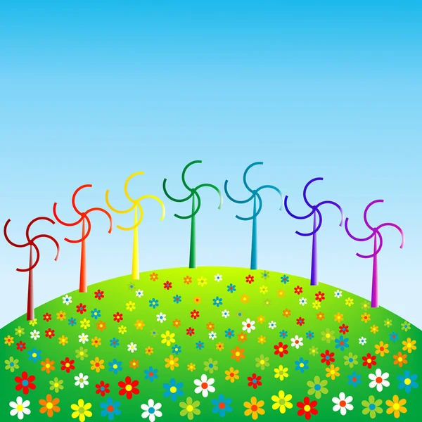 Moinhos de vento em cores do arco-íris, conceito ecológico — Fotografia de Stock