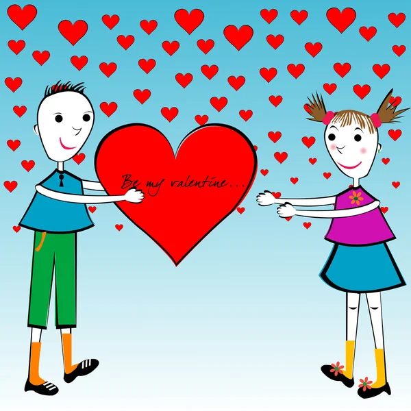 Valentine Day Cartoon Card Kids Holding Big Heart — Stock Photo, Image