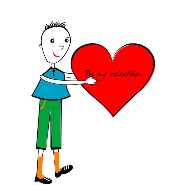 Karta Kreskówka Walentynek Ręcznie Chłopiec Wielkim Sercu — Zdjęcie stockowe