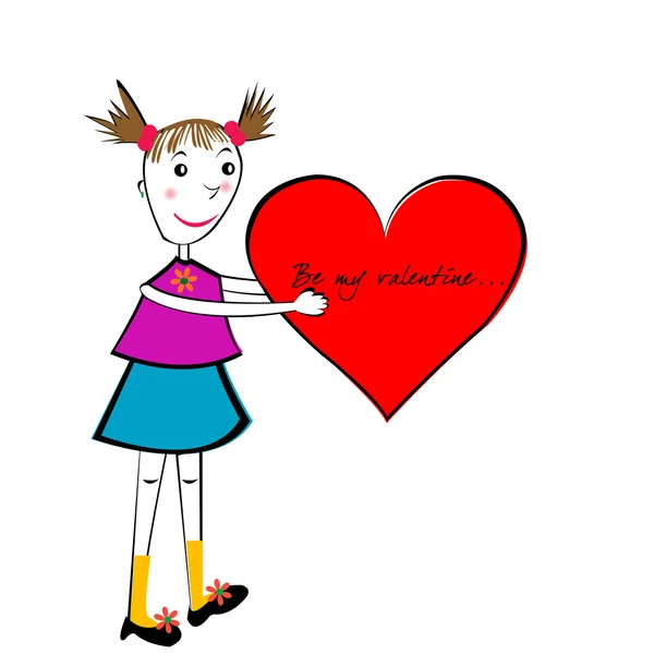 Sevgililer Günü Karikatür Kart Büyük Bir Kalbi Olan Yapımı Kız — Stok fotoğraf