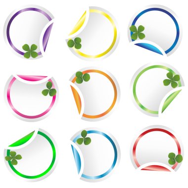 Set of round curled stickers corners with clovers for St. Patrick's Day clipart