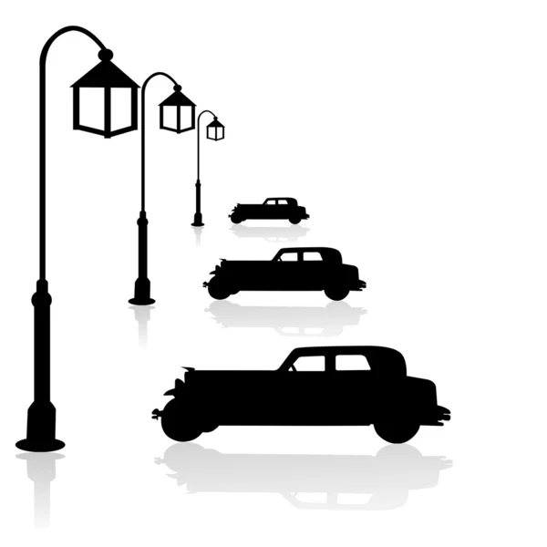 Silhouette auto nere con ombre e lampioni — Foto Stock