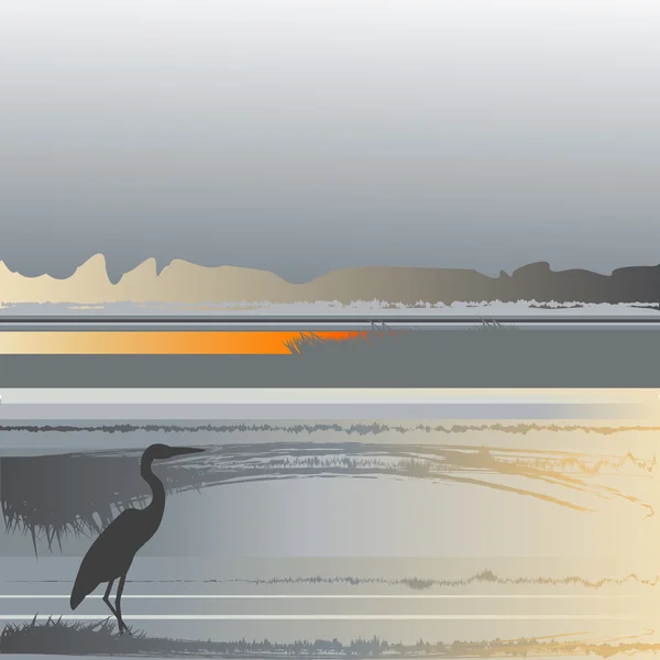 Фон с закатом на озере и аистом — стоковое фото