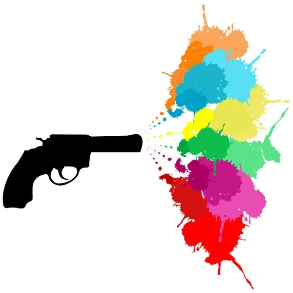 Revólver preto com respingos de tinta colorida — Fotografia de Stock