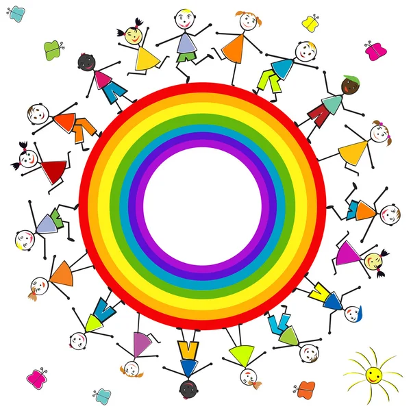 Niños estilizados alrededor de un arco iris —  Fotos de Stock